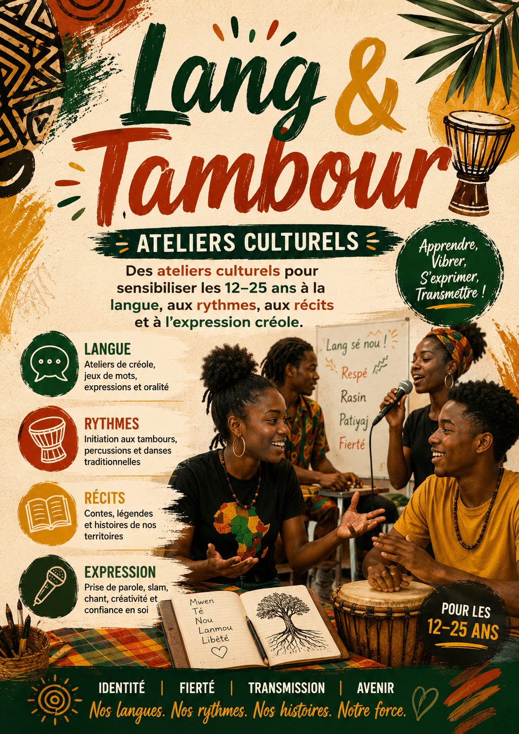 Jeunes participant à un atelier de langue et de percussions créoles.