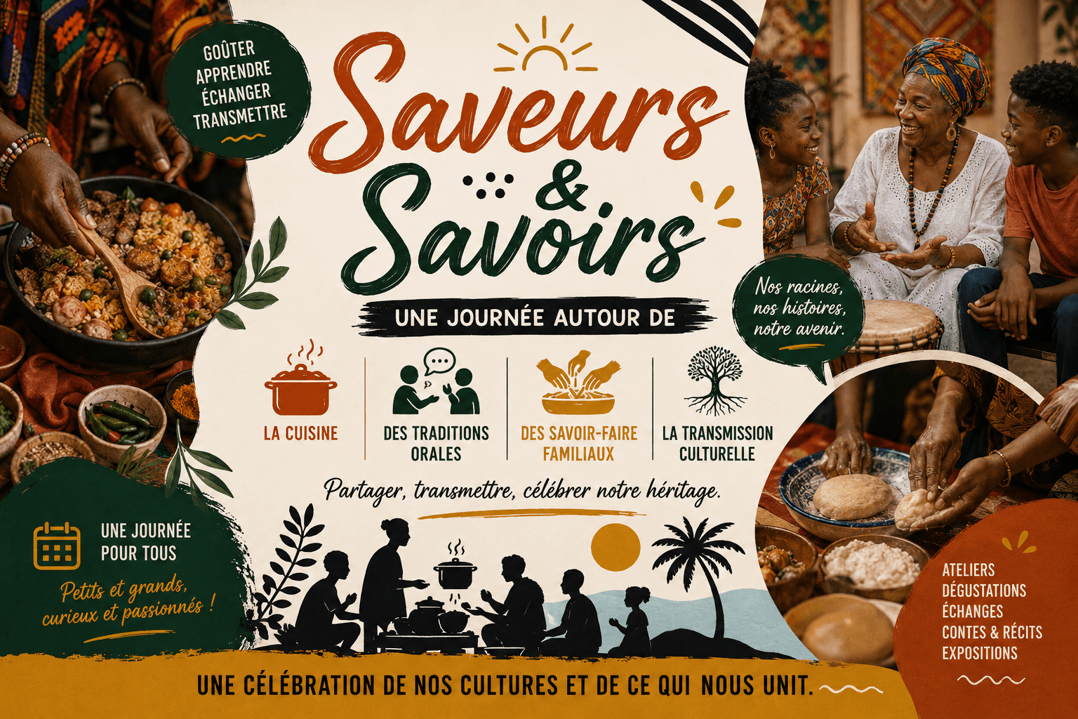 Familles réunies autour d'un moment de partage gastronomique et culturel.